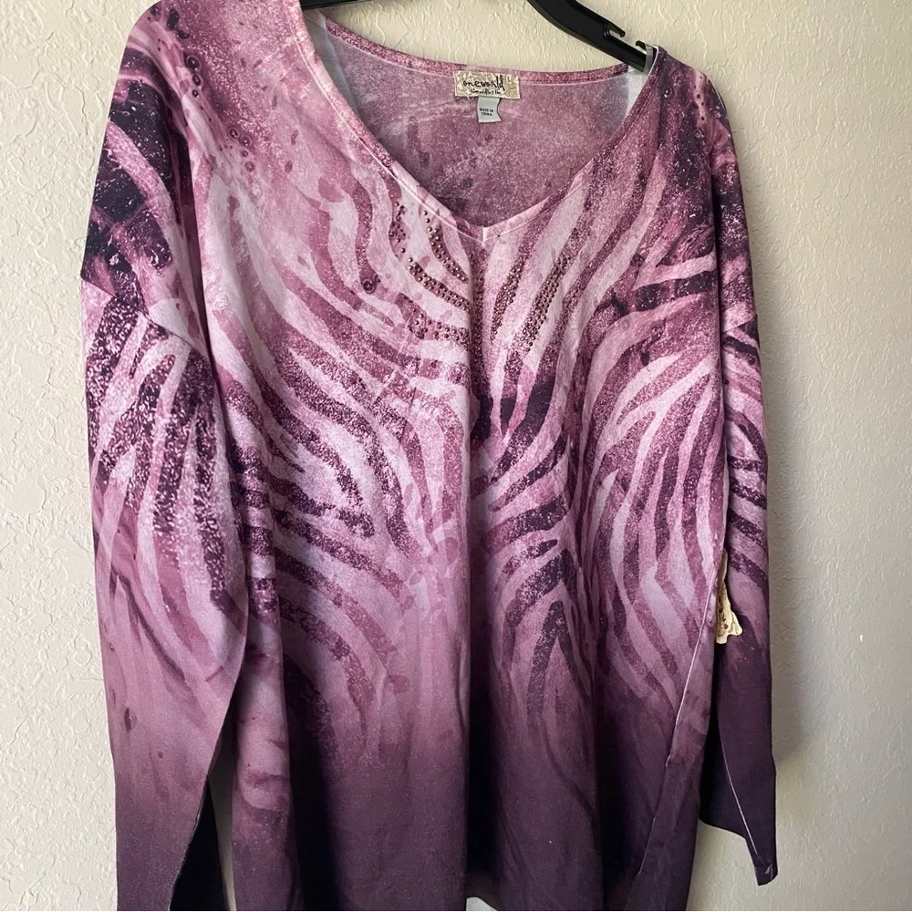 One World | Women's Boho Sparkle Patterned 3/4 Sleeve Top Size Large NWT Purple - Picture 2 of 8